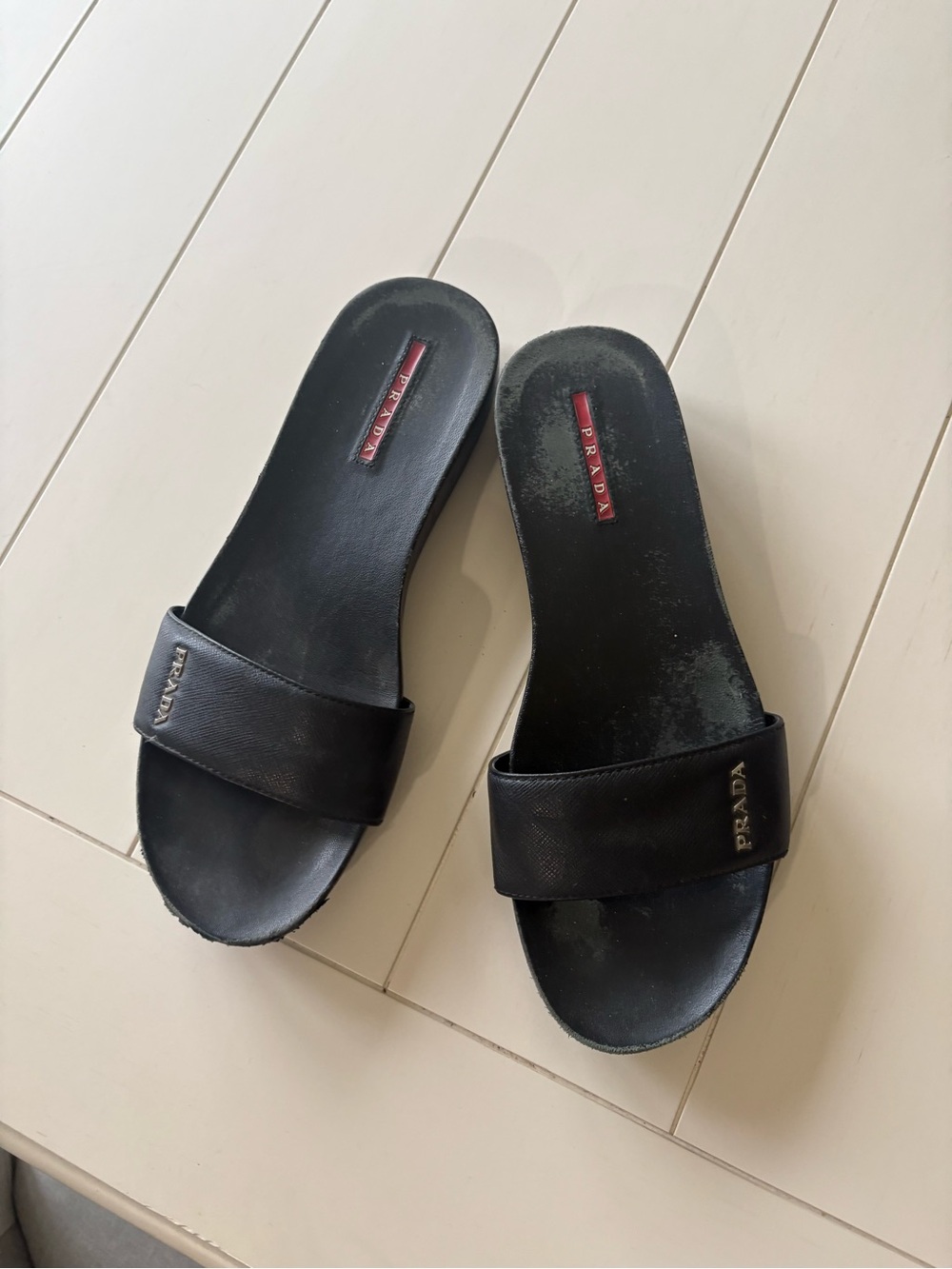 Prada Black Leather Logo Slide Sandals